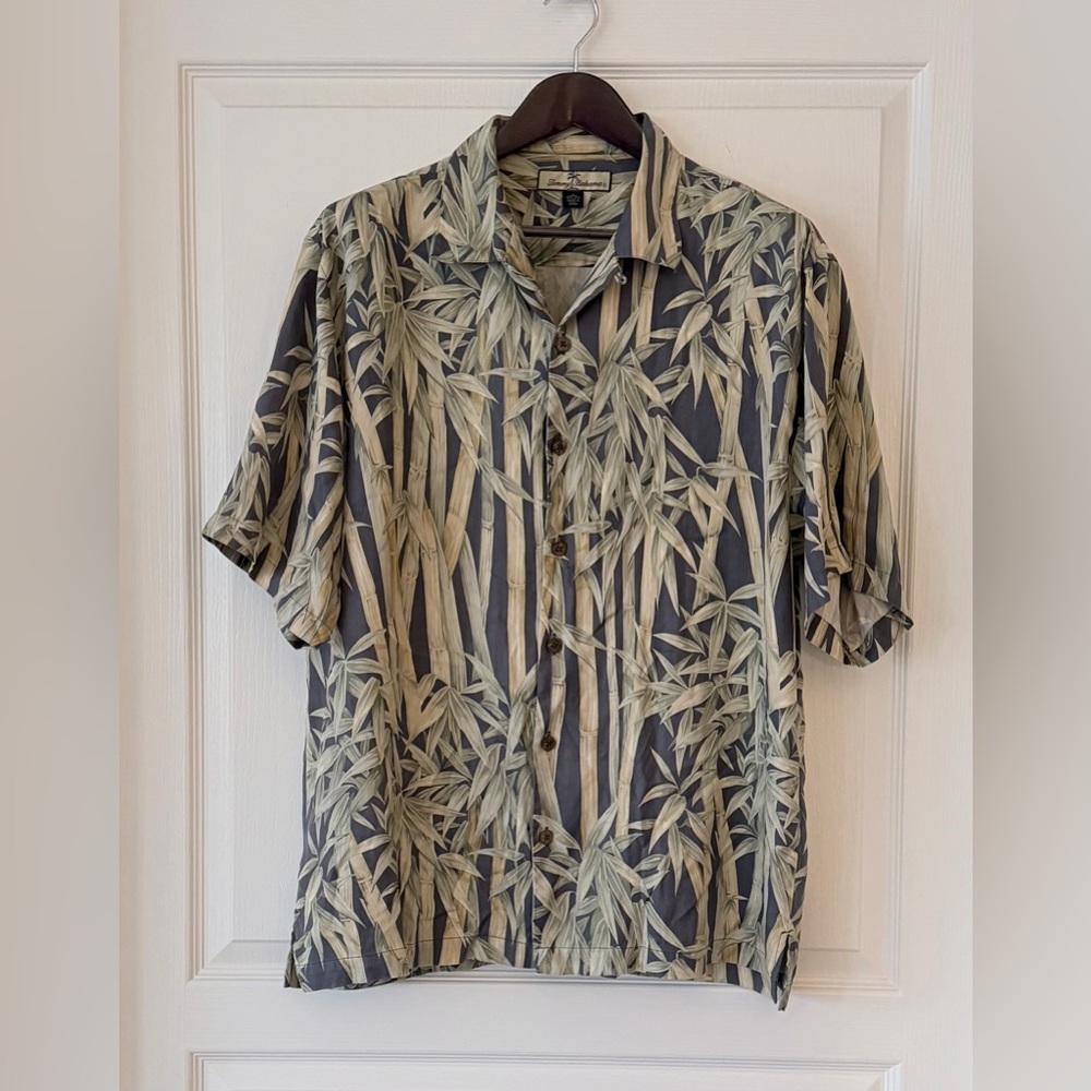 Tommy Bahama Bamboo Print 100% Silk Shirt - Olive and Charcoal